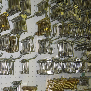 Large Collection of Skeleton Keys on Pegboard at Anderson Lock in Des Plaines, IL