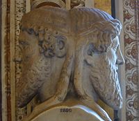 Statue of Two Faces of Janus, the God of Doors, Looking in Opposite Directions