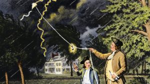 Picture of boy and Benjamin Franklin, holding up kite and key into night storm