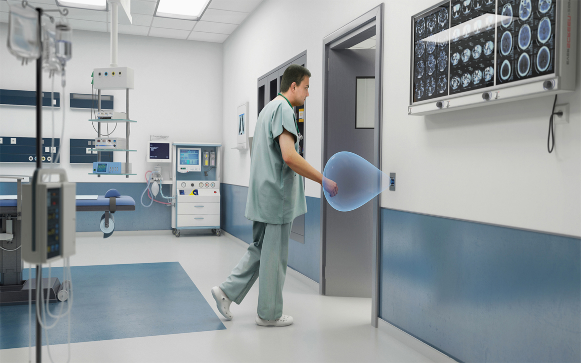 Hospital Professional Using Touch-Free Door to Walk Out of Operating Room