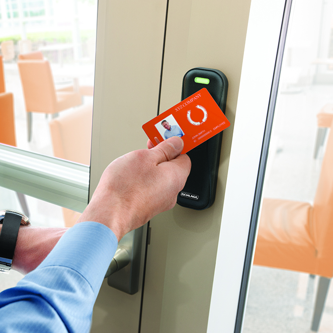 Electronic access control lock installed on an older building door